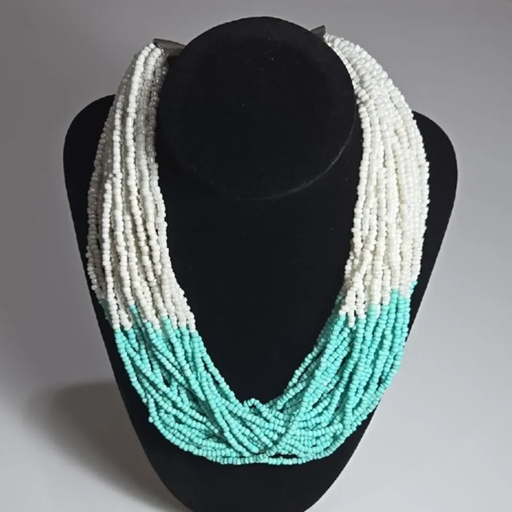 White and Turquoise Glass Beaded Necklace